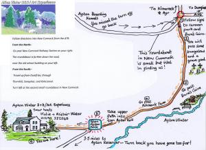 Cartoon like map of how to get from New Cumnock up to Afton Water B&B